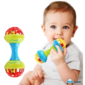 Soft Glue Dumbbell Baby Hand Teether with Jhunjhuni – 1 pcs (Any Color)